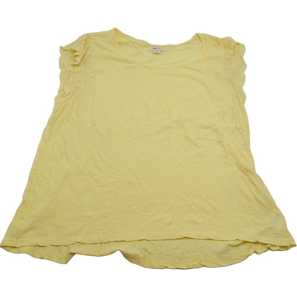 Style & Co Yellow Eyelet Lace Ruffle Sleeve Cotton Slub Knit Top XL